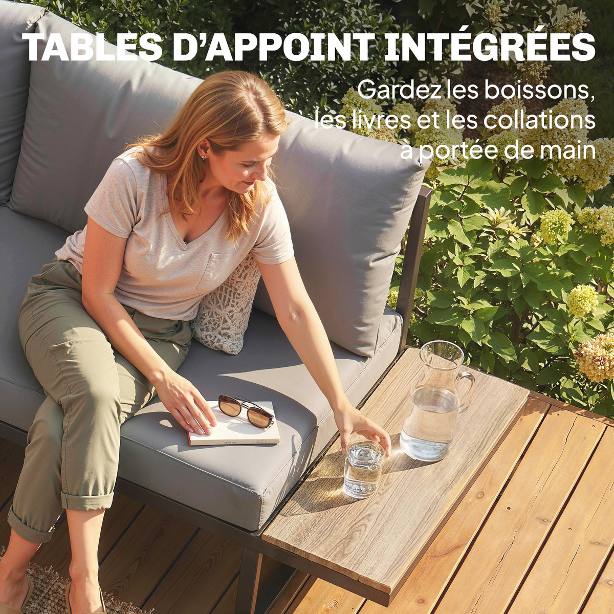 Salon de jardin extérieur 6 personnes modulable table basse et plateaux latéraux en bois PSPC coussins épais 10cm gris-5