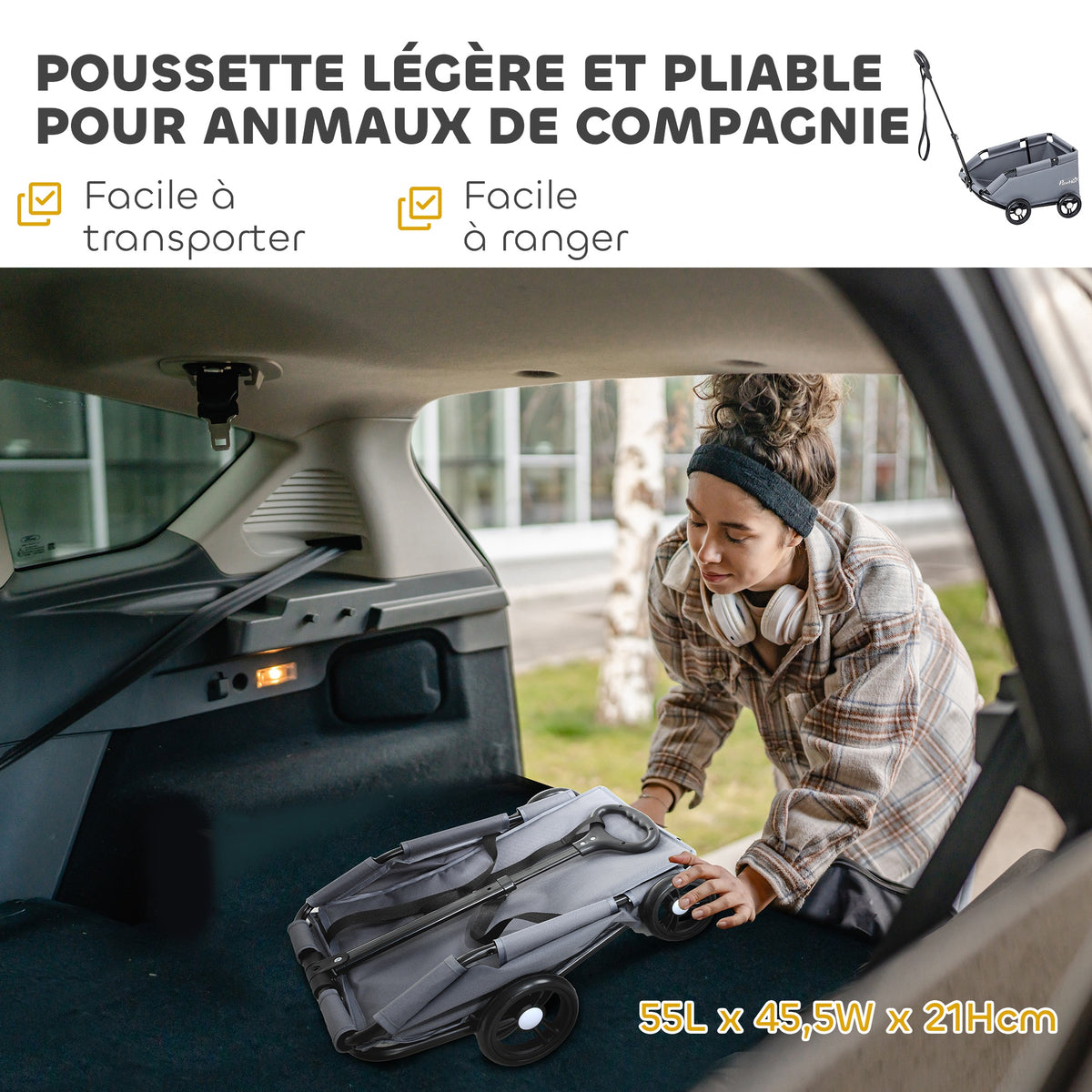 Poussette pour chien poussette petit chien pliable à 4 roues avec tige de poussée réglable 53 x 45 x 28 cm gris-3