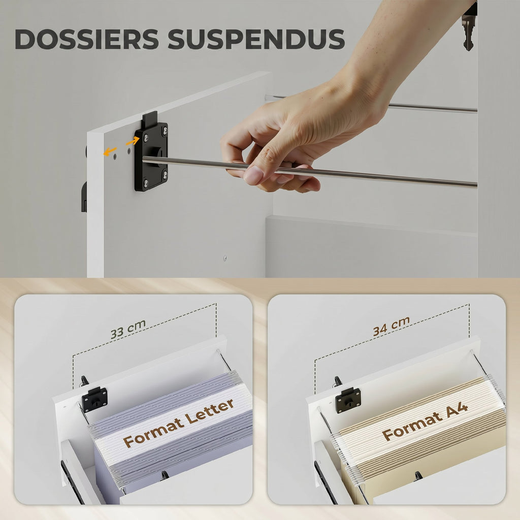 Caisson bureau mobile à 2 tiroirs, meuble rangement bureau sur roulettes pour documents suspendus format lettre, blanc-4