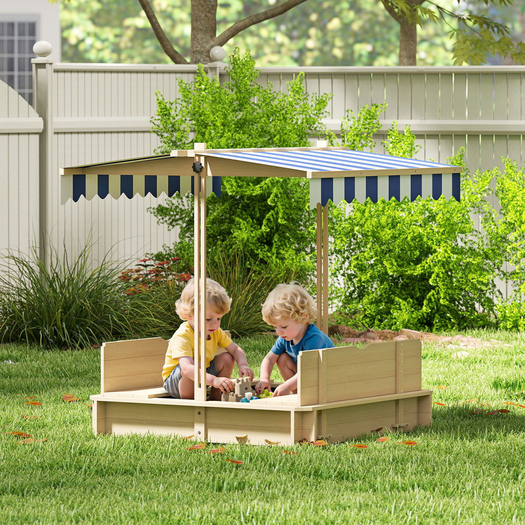 Bac à sable carré en bois pour enfants dim. 106L x 106l cm avec bancs et couvercle - auvent réglable-1