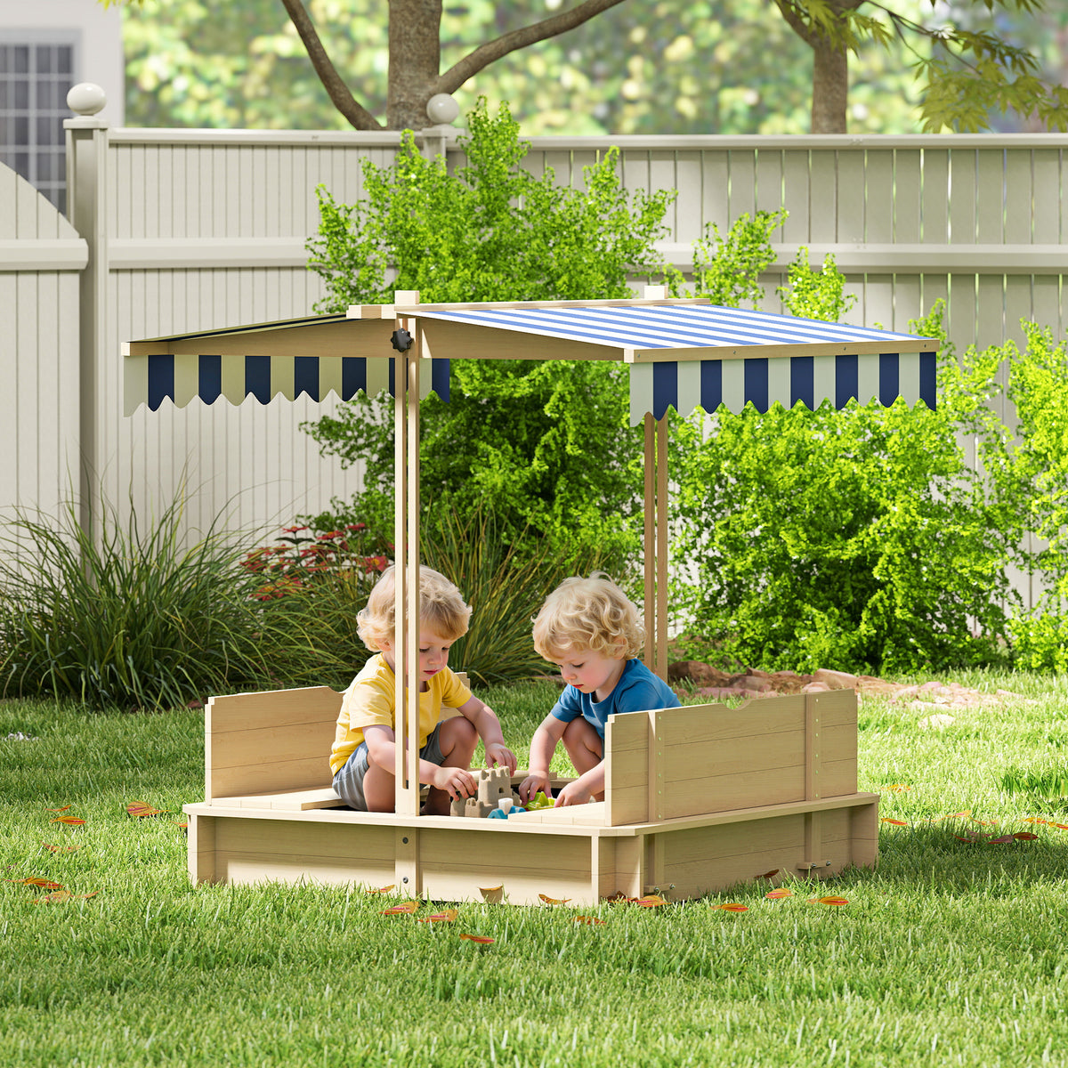 Bac à sable carré en bois pour enfants dim. 106L x 106l cm avec bancs et couvercle - auvent réglable-1