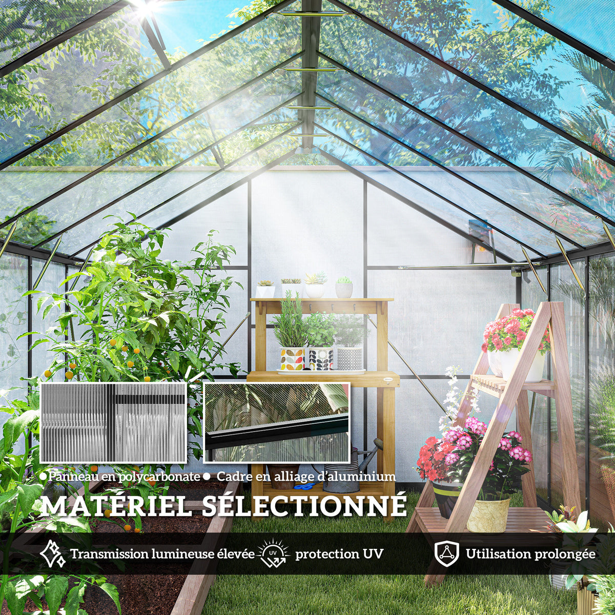 Serre de jardin en aluminium polycarbonate, serre avec fenêtres supérieures réglables 363x247x205cm noir-4