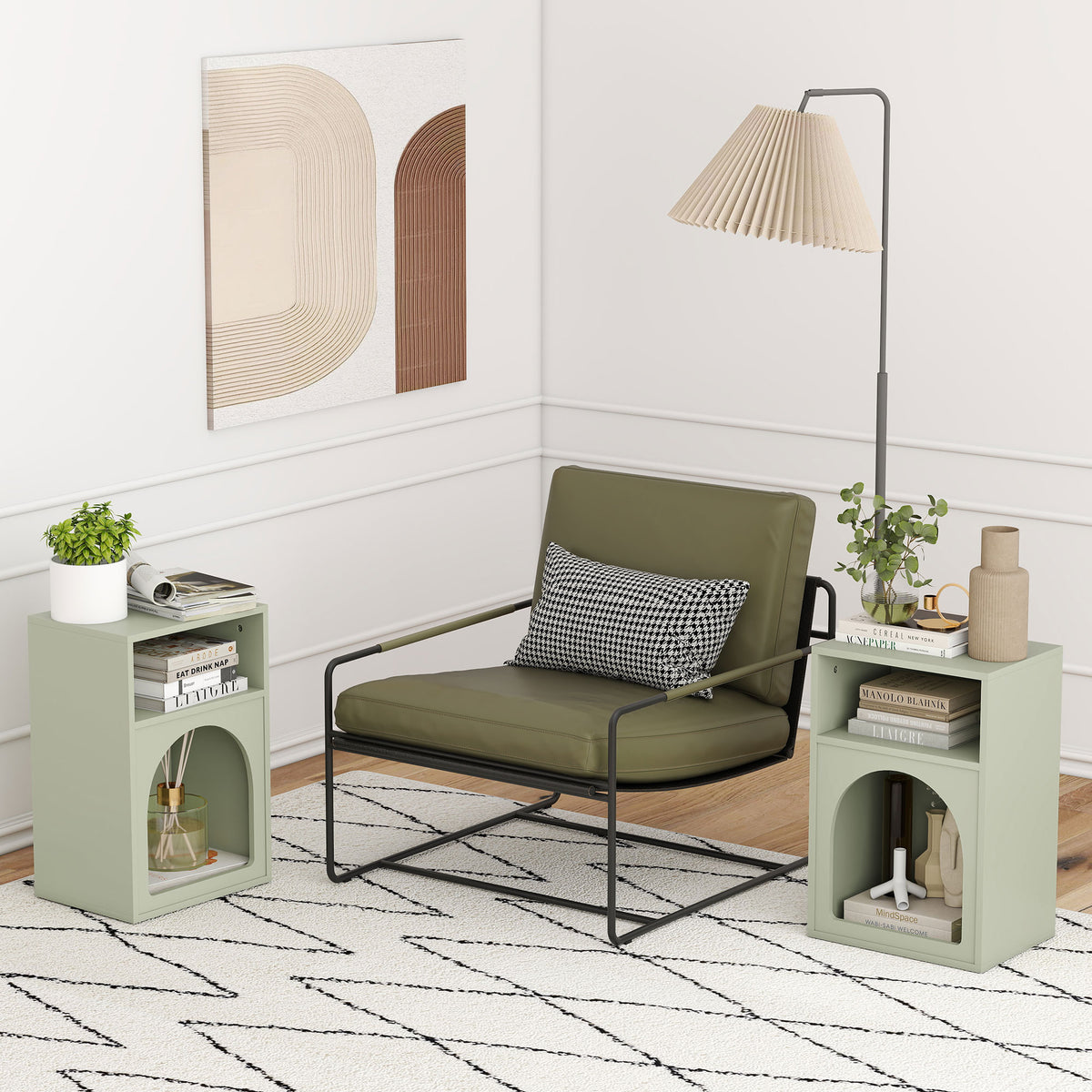 Lot de 2 tables de chevet, table de nuit avec compartiments ouverts, design arqué, 40 x 30 x 60 cm, vert clair-5