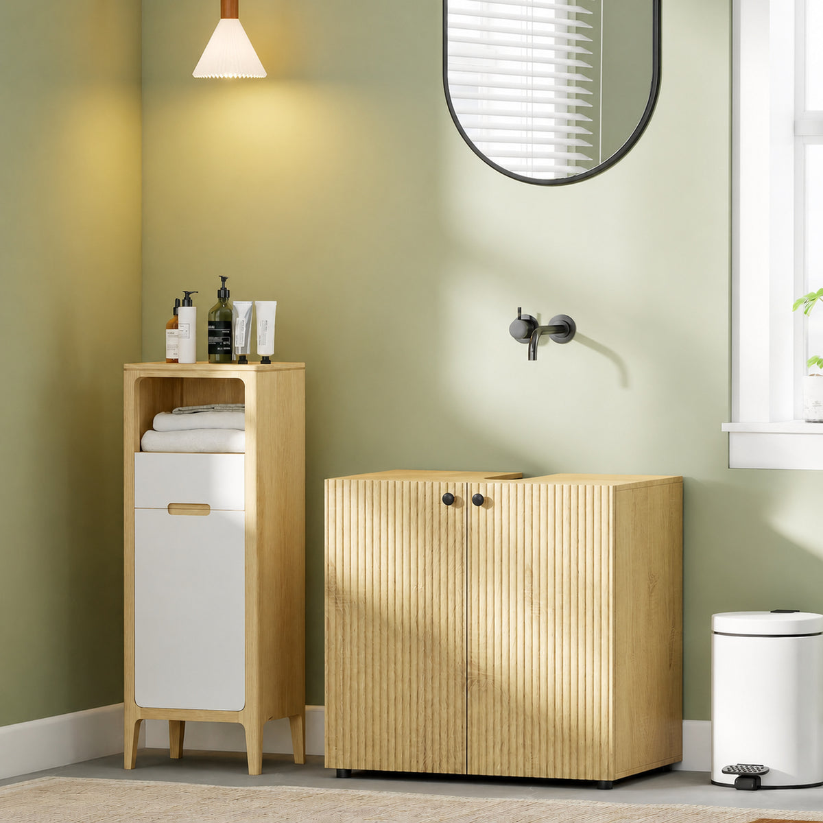 Meuble sous lavabo, meuble de salle de bain 2 portes à fermeture amortie, étagère réglable, 60x39,8x58,5cm, bois naturel-1