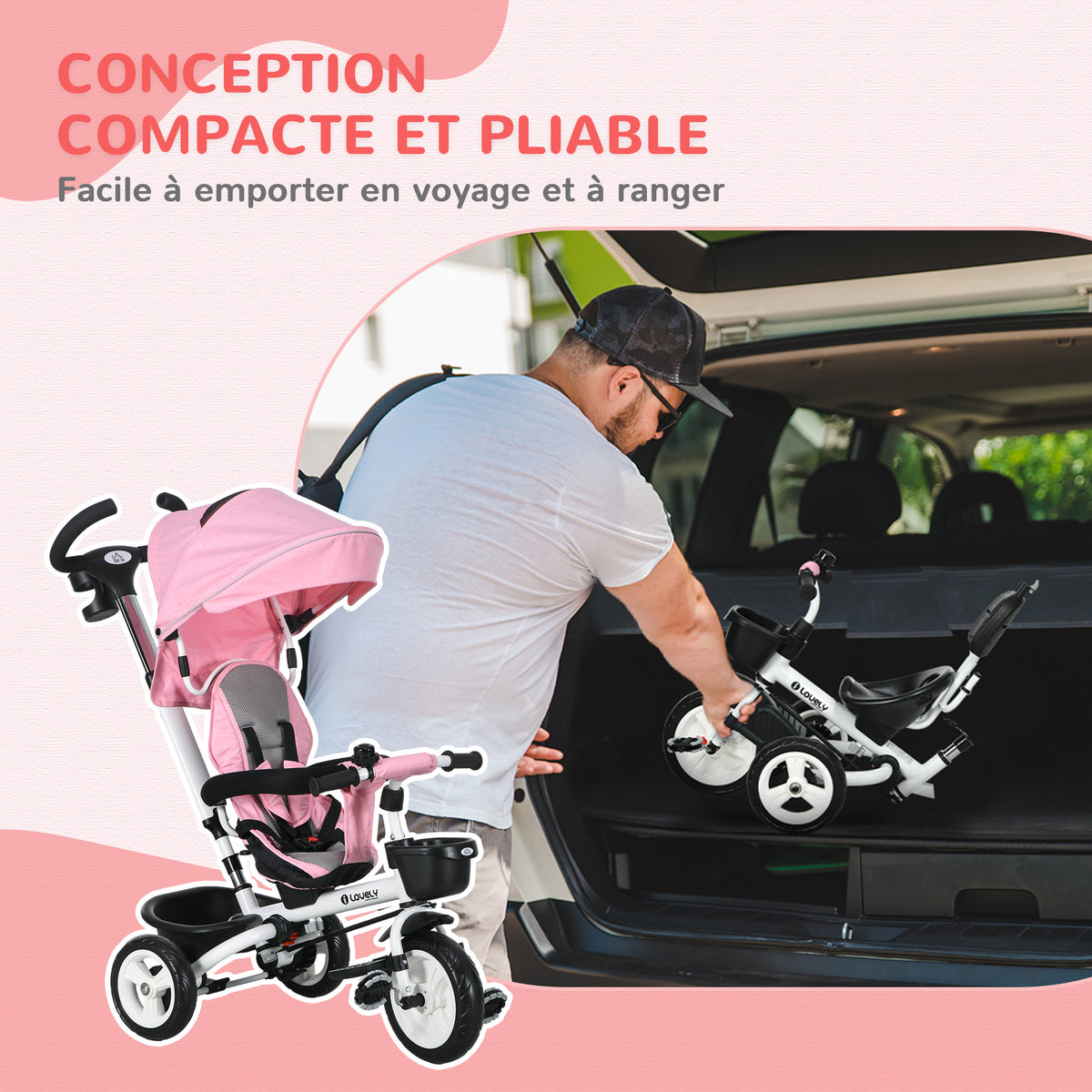 Tricycle bébé évolutif 6 en 1, tricycle enfant pliable, poignée parentale, siège réversible, 112x50x104cm, rose-4