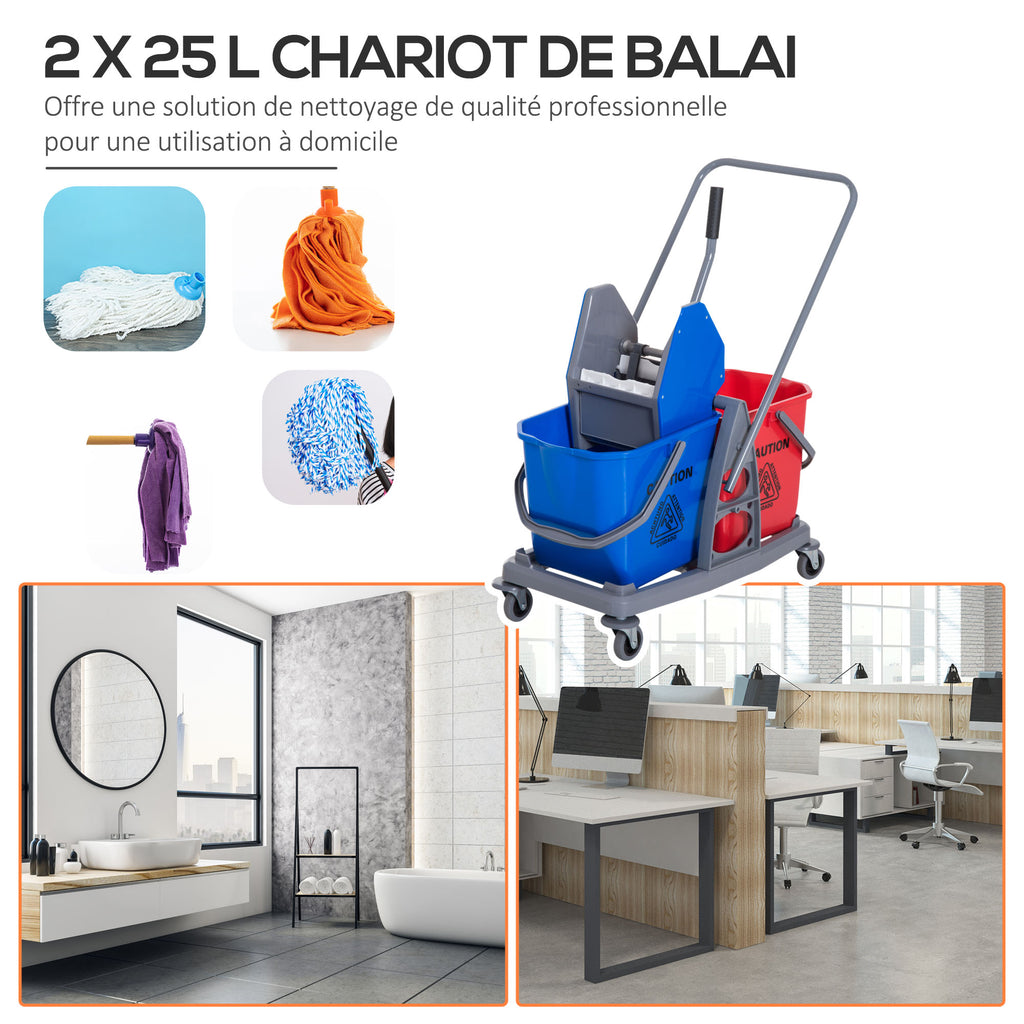 Chariot de lavage chariot de nettoyage professionnel presse à mâchoire 2 seaux 25 L 73L x 45l x 92H cm plastique gris bleu rouge-4