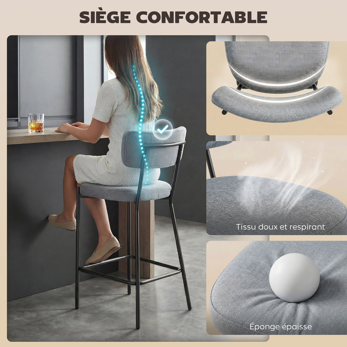 Lot de 2 tabourets de bar, chaises de bar, assise rembourrée, dossier courbé et repose-pieds, 49 x 53 x 93 cm, gris-4