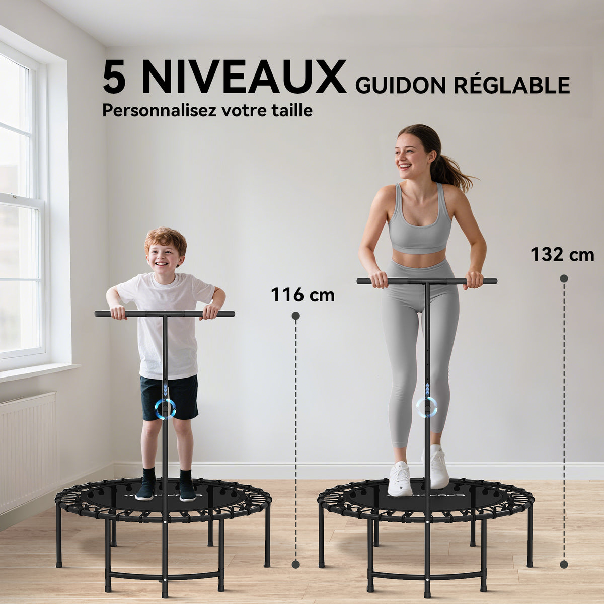 Trampoline de Fitness avec Cordes Élastiques, Poignée Réglable 5 Positions, Capacité 100 kg, Acier, Ø102x132cm, Noir-3