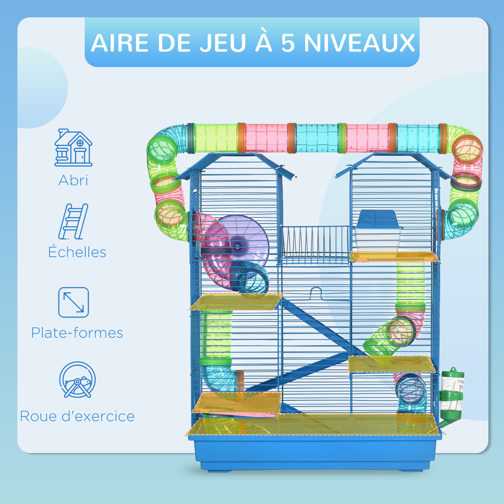 Cage pour Hamster Souris Petit Animaux Rongeur avec Tunnel Mangeoire Roue Jouet 47 x 30 x 59 cm Bleu-3