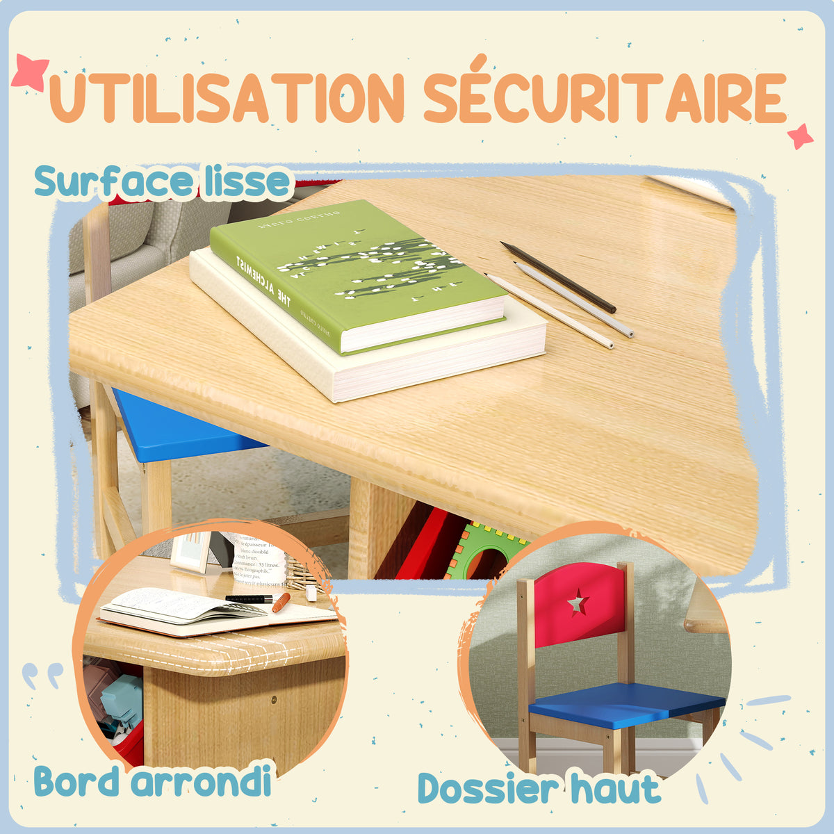 Table enfant avec 2 chaises ensemble table et chaises enfants 3 pièces en bois avec 4 bacs de rangement bois naturel-6