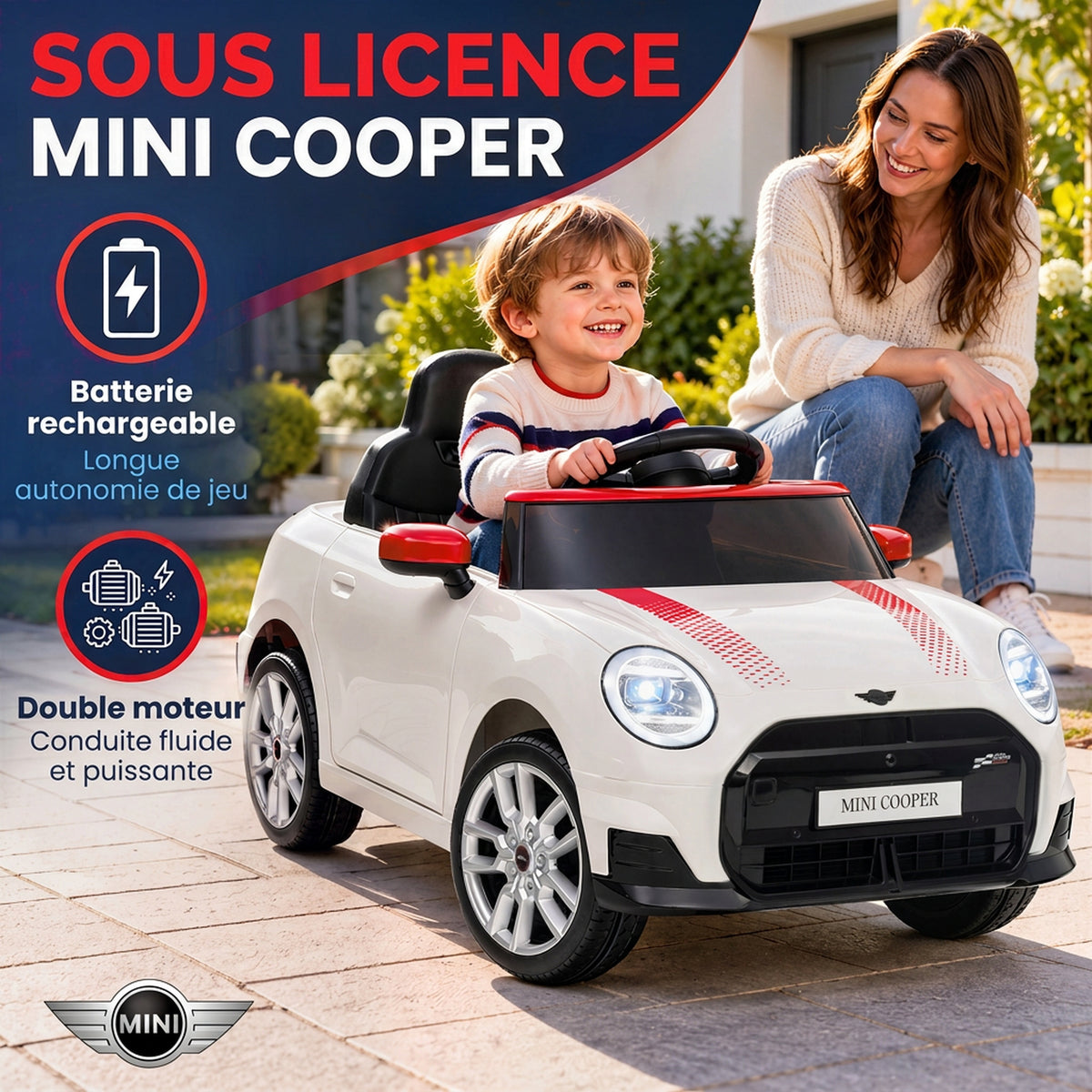 Voiture Électrique Enfants 12V MINI Cooper, Véhicule Électrique, 3-6 km/h, 2 Moteurs, Télécommande, pour 3-5 Ans, Blanc-3
