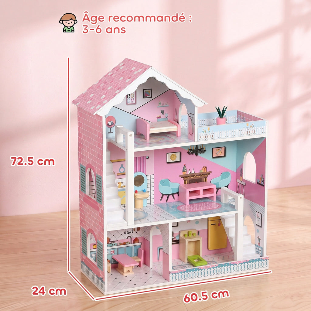 Maison de Poupée en Bois pour Enfants, Maison de Rêve Filles à 3 Étages avec Balcon, Escaliers et 10 Accessoires, Rose-2