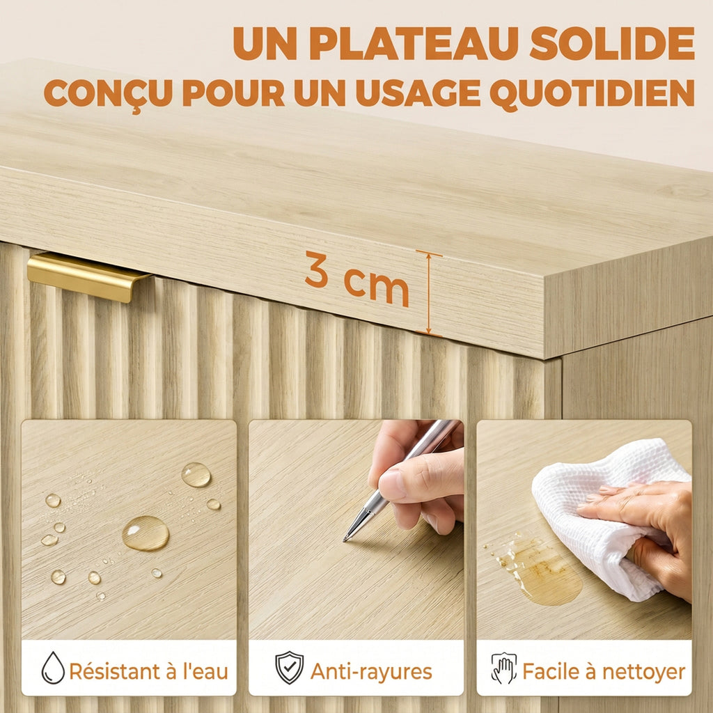 Bureau d'Ordinateur, Rangement Réversible, 3 Tiroirs Façades Ondulées, Plateau Épais et Spacieux, 120x50x76cm, Chêne-4