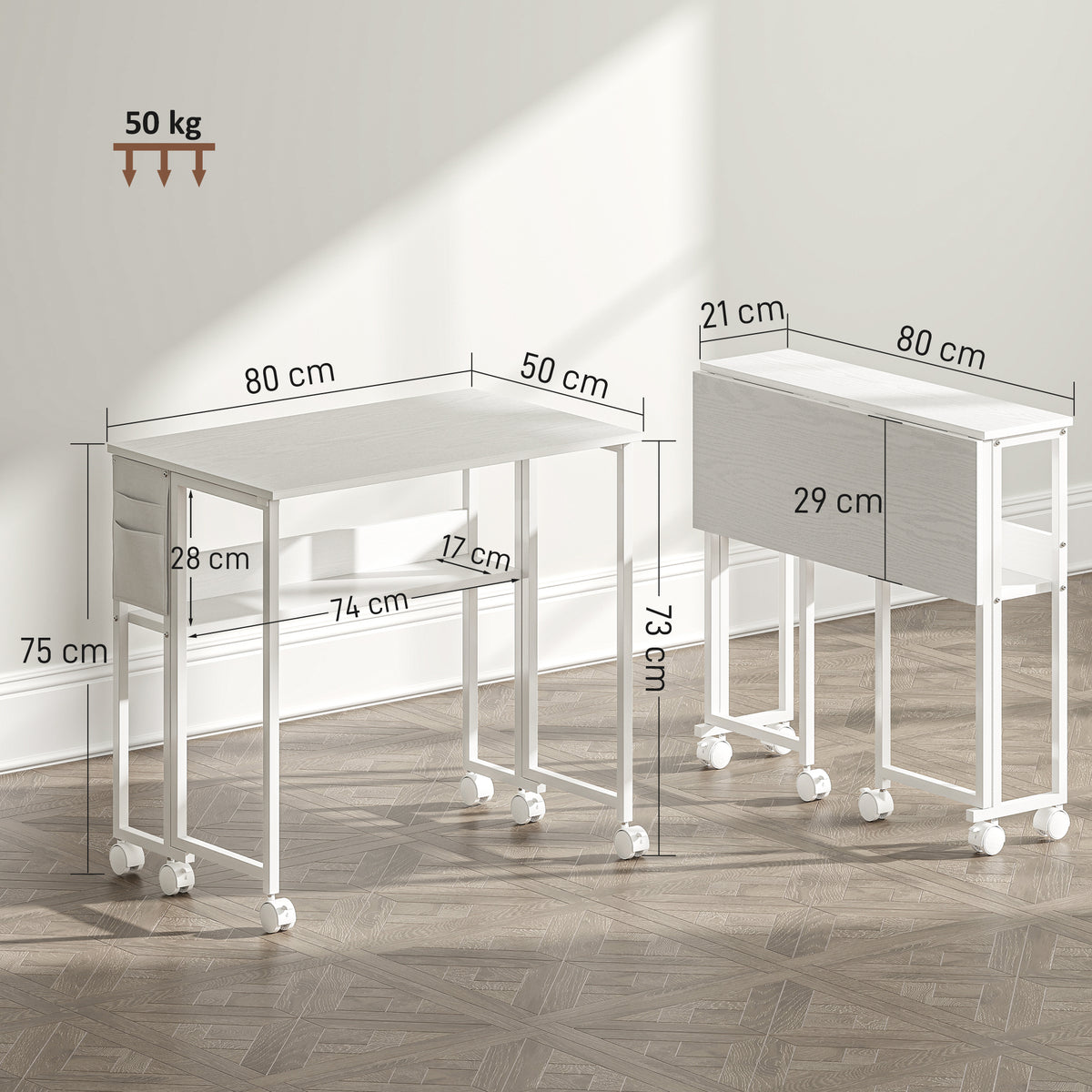 Bureau pliable sur roulettes 80 x 50 cm avec étagère et sac de rangement, blanc-2