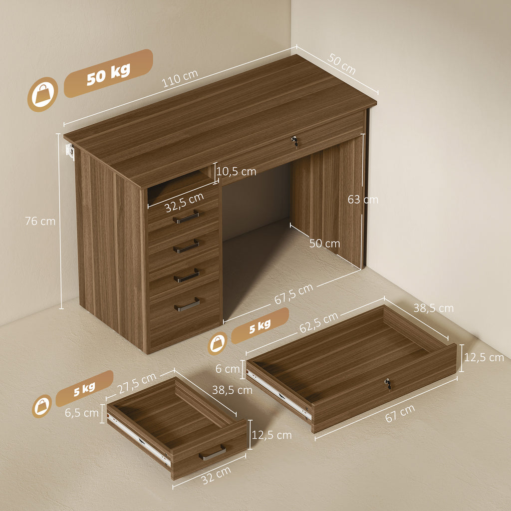 Bureau Informatique avec 5 Tiroirs, 110 x 50 cm, Bureau avec Rangement, Étagère Ouverte, Tiroir Verrouillable, Noyer-2