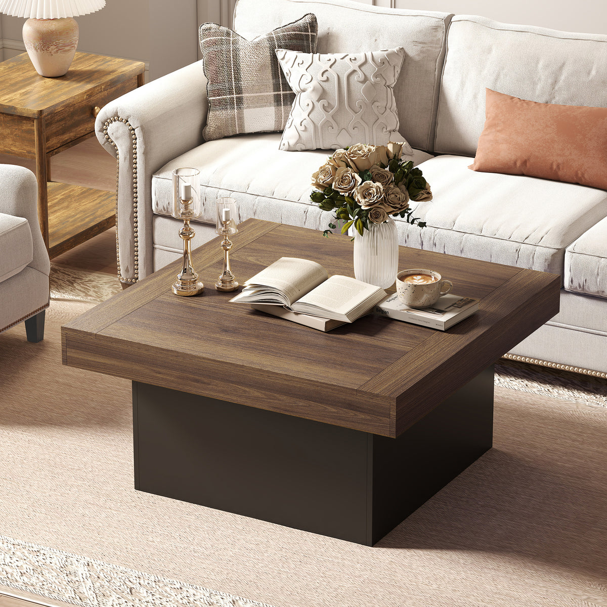 Table basse carrée avec éclairage LED 16 couleurs, table de salon moderne, 90 x 90 x 45 cm, noyer-9