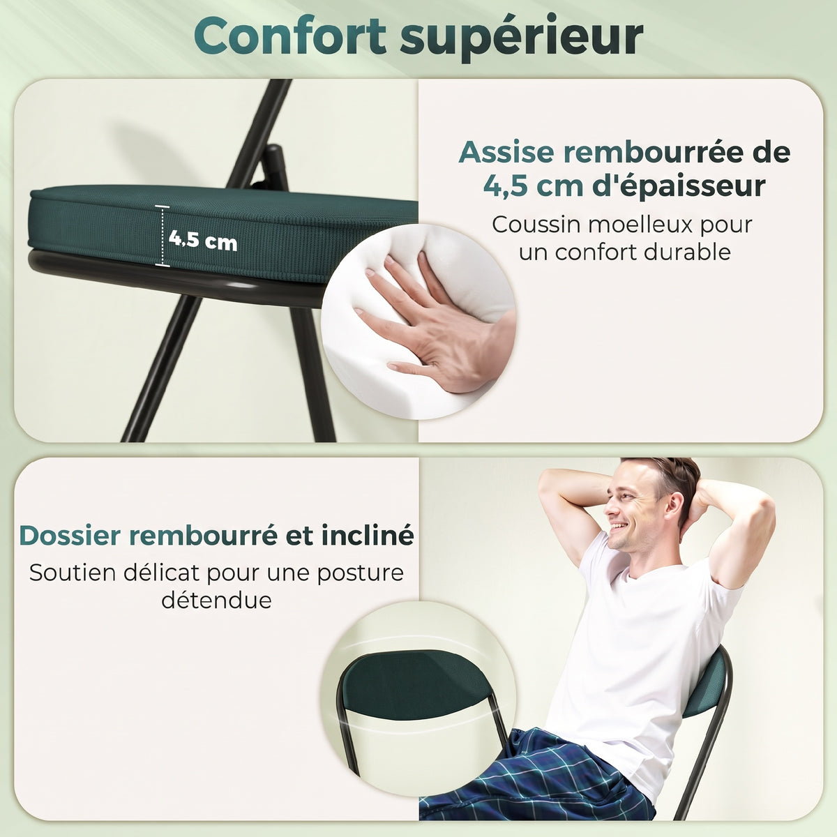 Lot de 2 chaises pliantes chaises de salle à manger portables avec assises et dossiers rembourrés en velours côtelé bleu-3