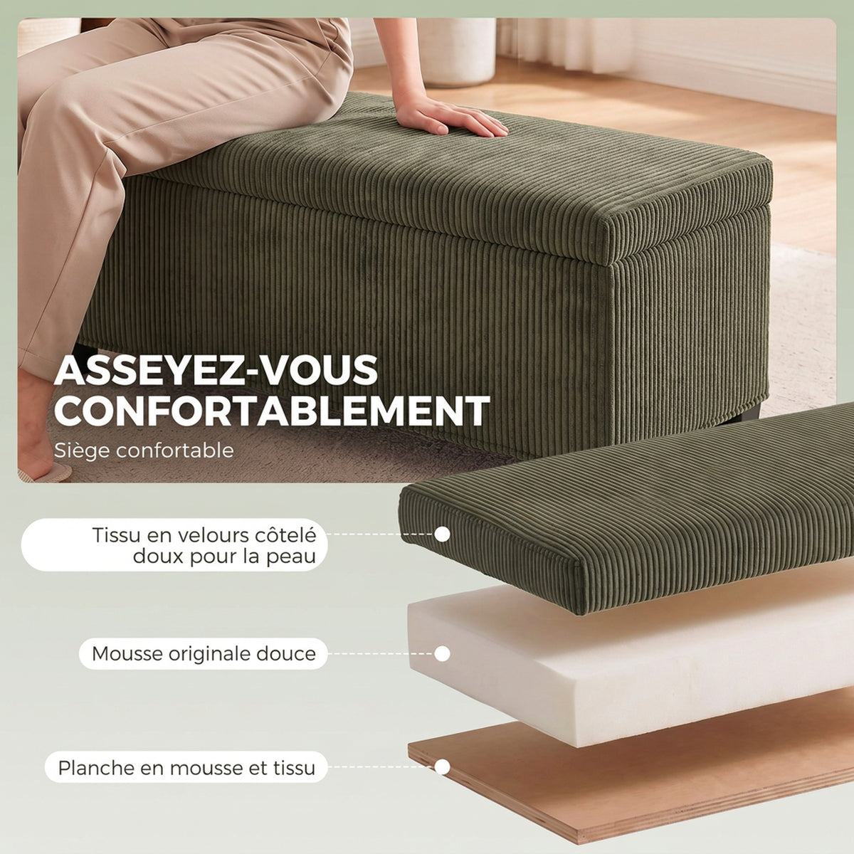 Banc de Rangement, Bout de Lit en Velours Côtelé avec Couvercle, pour Salon, Chambre, Entrée, 112x42x40 cm, Vert Clair-4