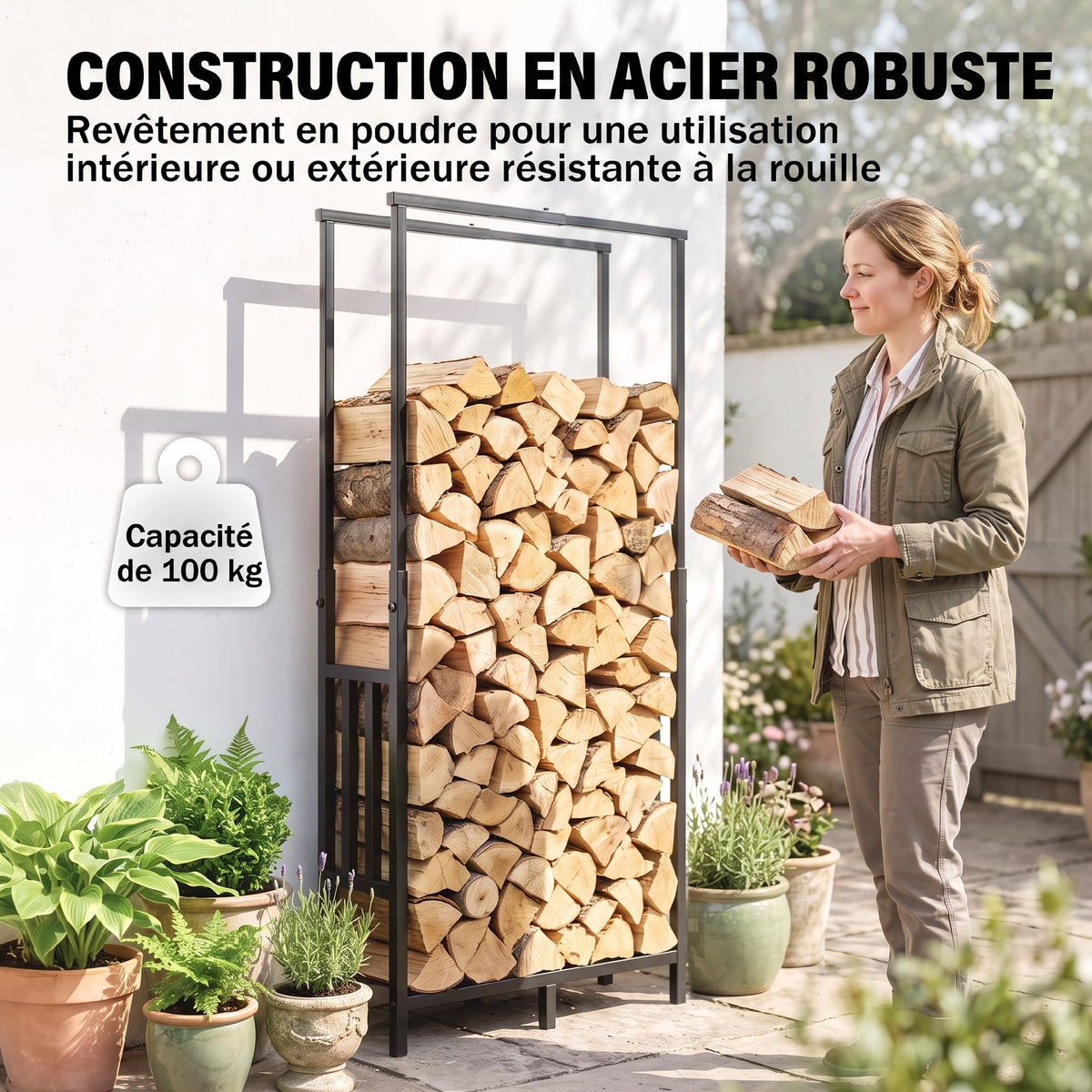 Range Bûches en Acier, Largeur & Hauteur Réglables, Étagère pour Bois de Cheminée, Charge 100 kg, 75,5x25x170cm, Noir-4