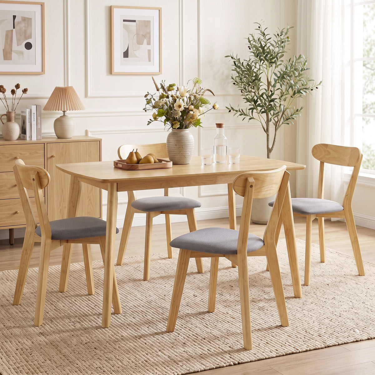 Lot de 4 Chaises de Salle à Manger, Chaises Cuisine, Assise Rembourrées en Lin, Dossier Incurvé, Gris et Bois Naturel-1