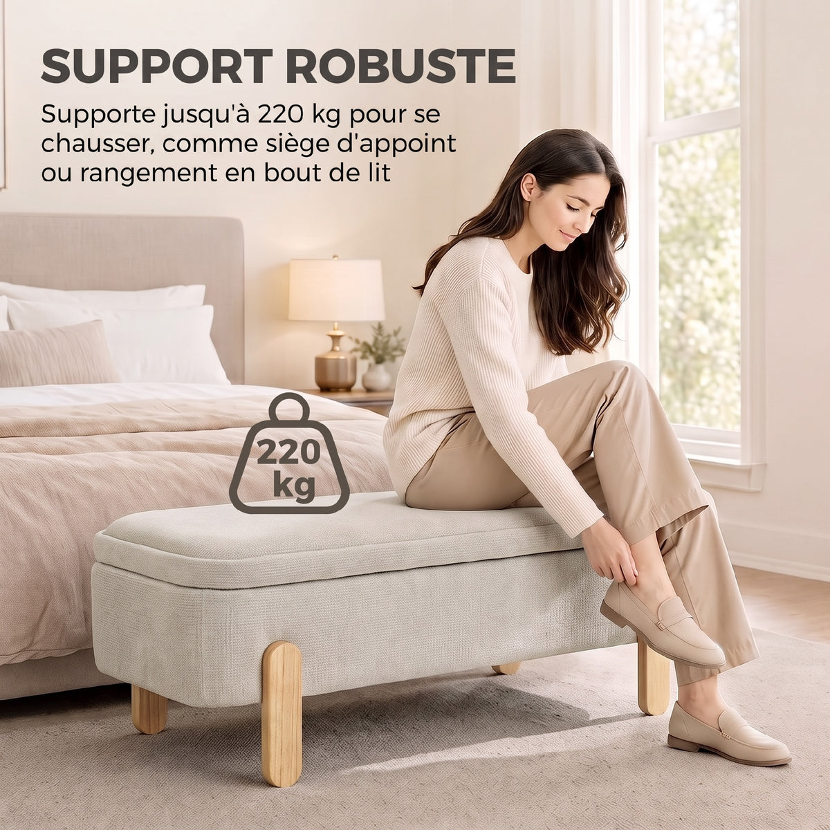 Banc Coffre de Rangement 108 cm, Bout de Lit en Chenille avec Pieds en Bois, Style Moderne, Charge Max. 220 kg, Beige-6