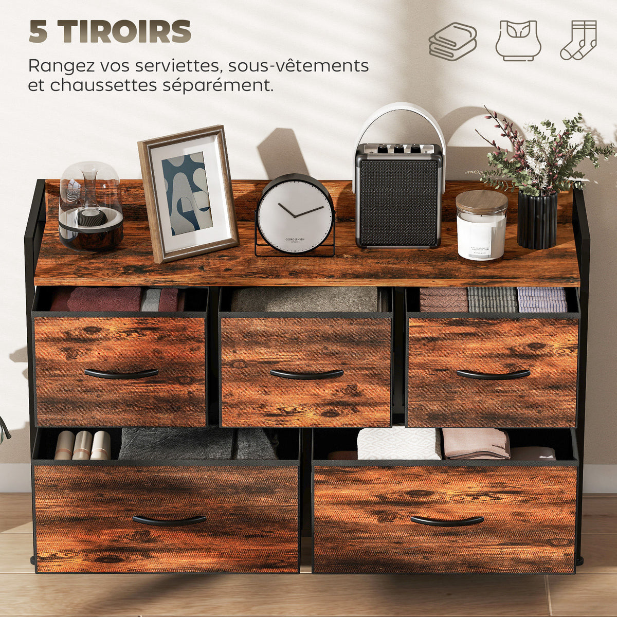 Commode, meuble de rangement avec 5 tiroirs en tissu pliables, plateau et cadre en acier, 98 x 29 x 63 cm, brun rustique-3