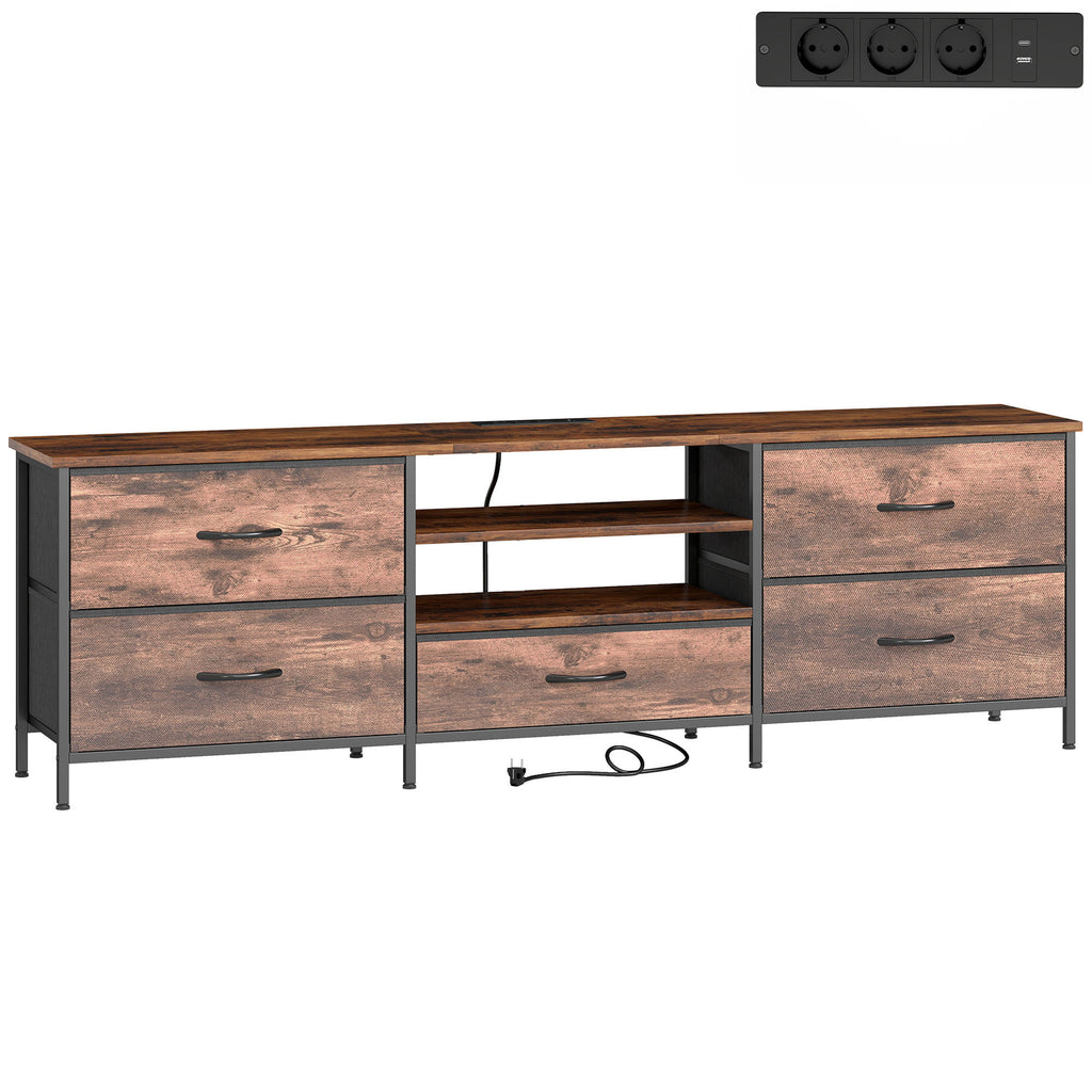 Meuble TV 160 cm, Meuble Télé 70 Pouces, Station de Charge, 5 Tiroirs en Tissu, Étagères Ouvertes, Brun Rustique-0