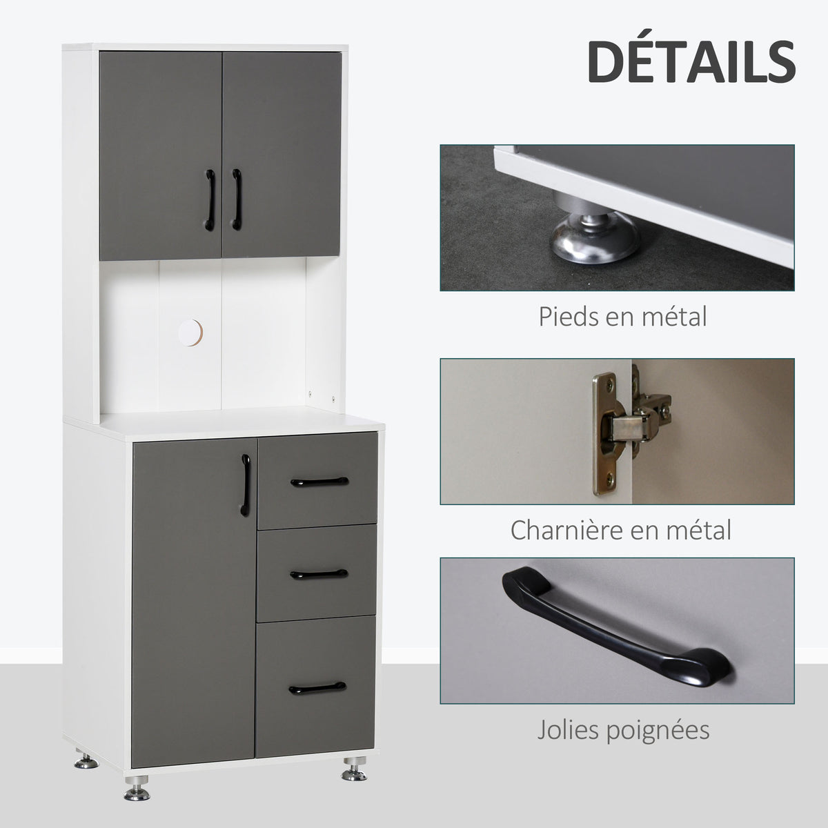 Buffet haut cuisine, armoire de cuisine, vaisselier avec 3 portes, 3 tiroirs et plan de travail, meuble de rangement pour salon, salle à manger, style moderne, 60 x 40 x 160 cm, gris-3