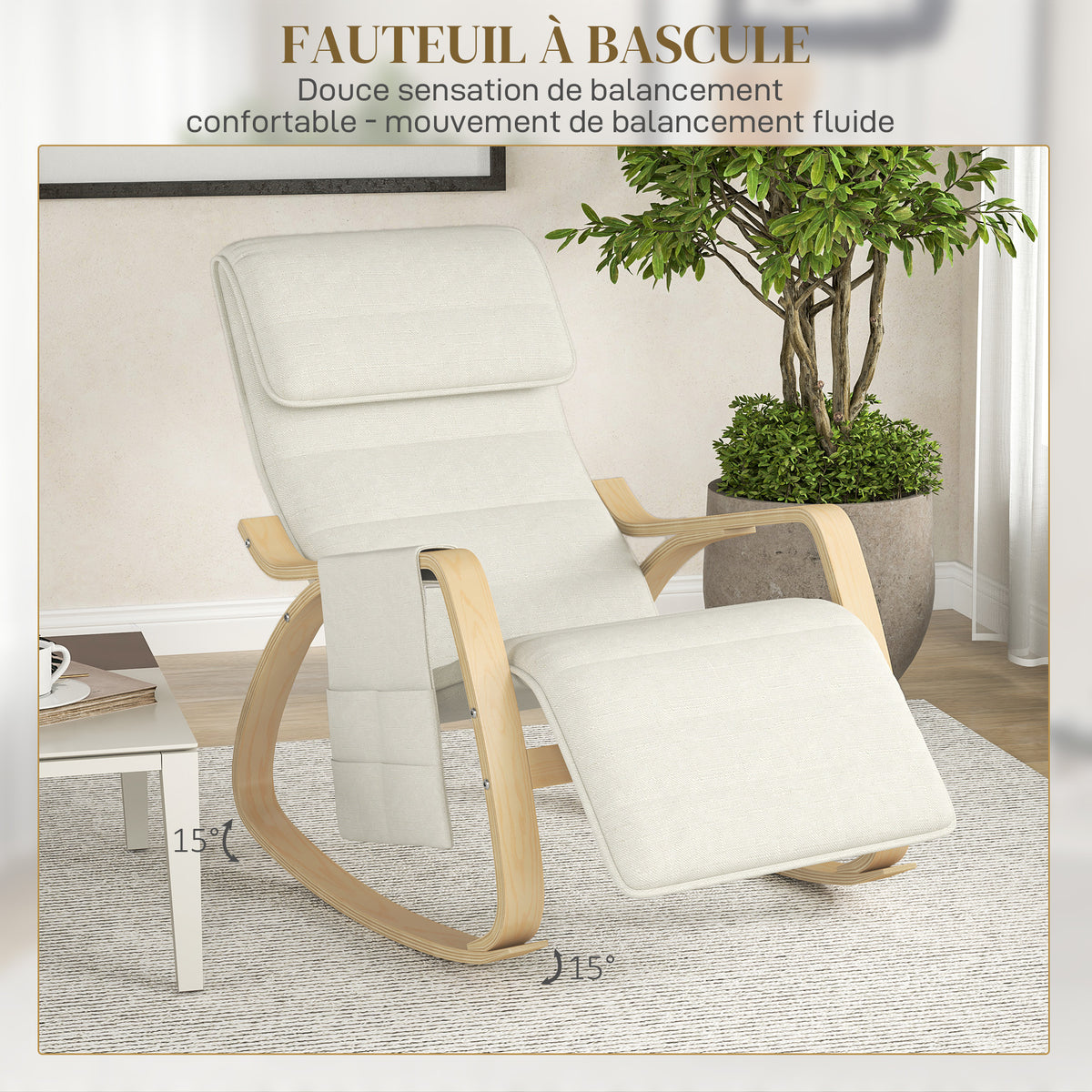 Fauteuil relax à bascule fauteuil allaitement avec repose-pieds réglable, poche latérale et appui-tête, blanc crème-3