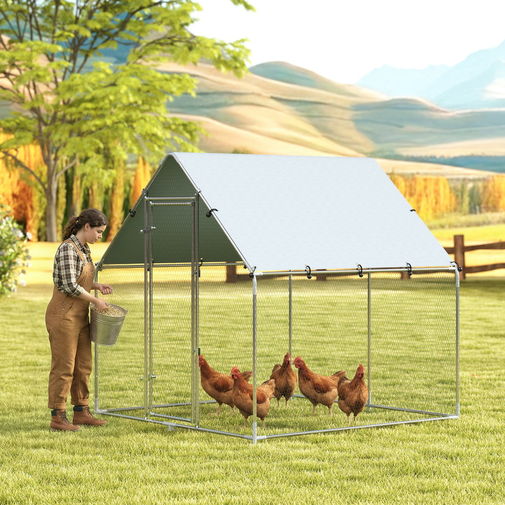 Enclos poulailler extérieur 4 m², parc grillagé - acier galvanisé Ø19mm - bâche Oxford 420D anti-UV 200x200x200cm argent-9