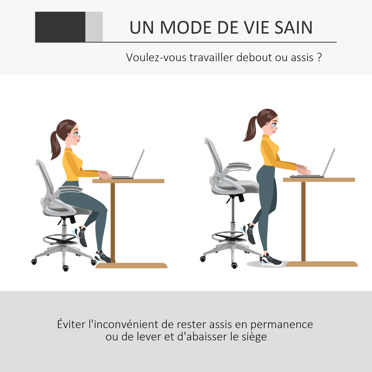 Fauteuil de bureau chaise de bureau assise debout hauteur réglable repose-pieds gris et blanc-4