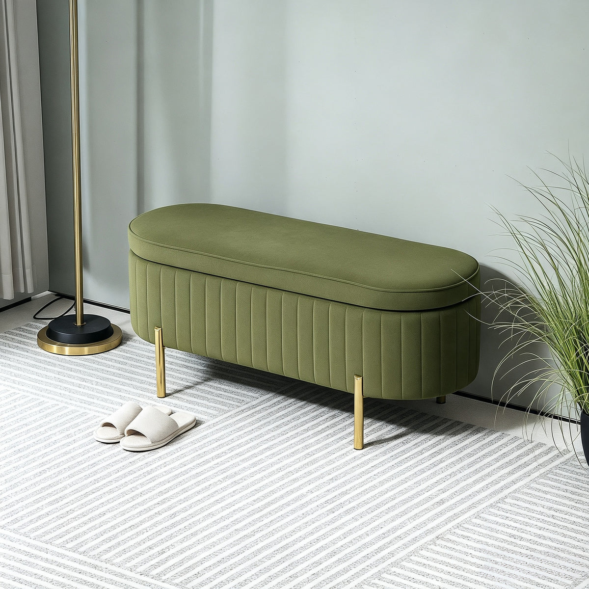 Banc de rangement, bout de lit en velours avec couvercle, pieds en métal, capacité 72 L, 107x42x45,5cm, vert foncé-1
