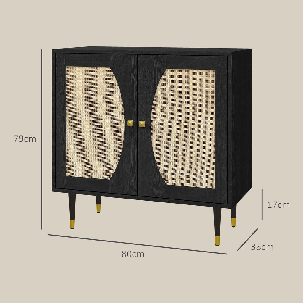 Buffet de cuisine meuble de rangement design bohème double portes avec 2 niveaux, façade en rotin 80 x 38 x 79 cm noir-2