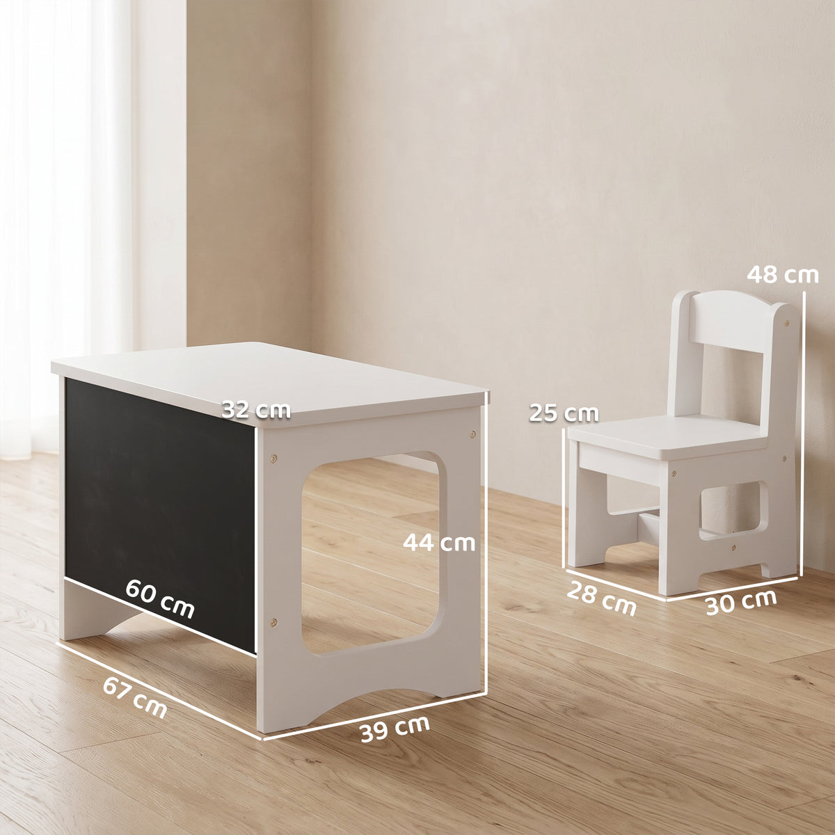 Bureau et Chaise pour Enfant avec Plateau Réversible Tableau Noir, 3 à 6 Ans, Blanc-2