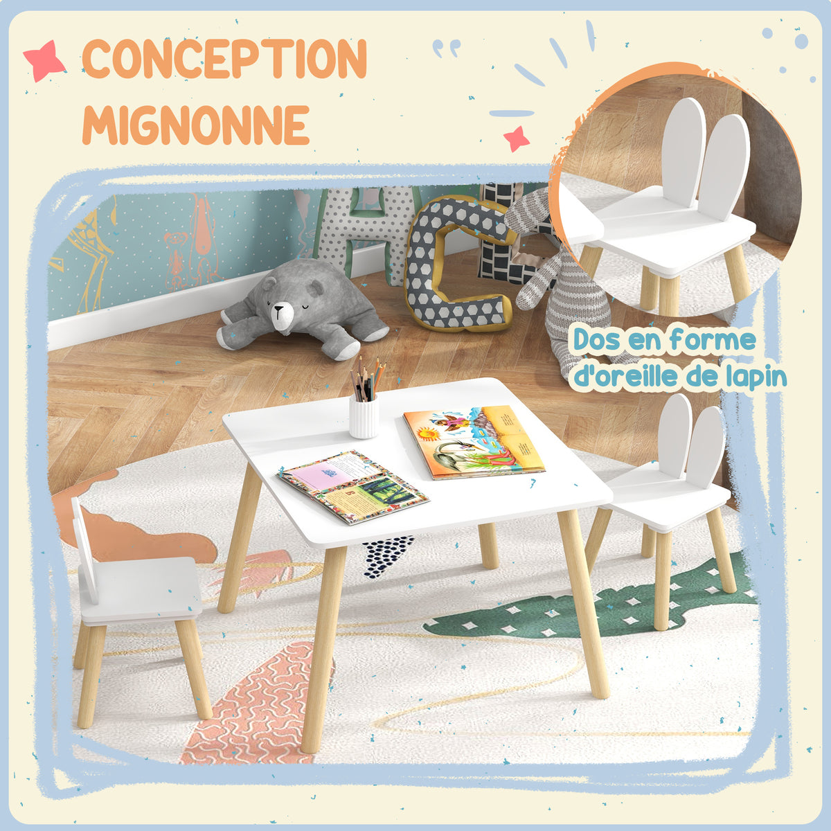 Ensemble table et 2 chaises enfant design scandinave motif oreille de lapin bois pin blanc-3