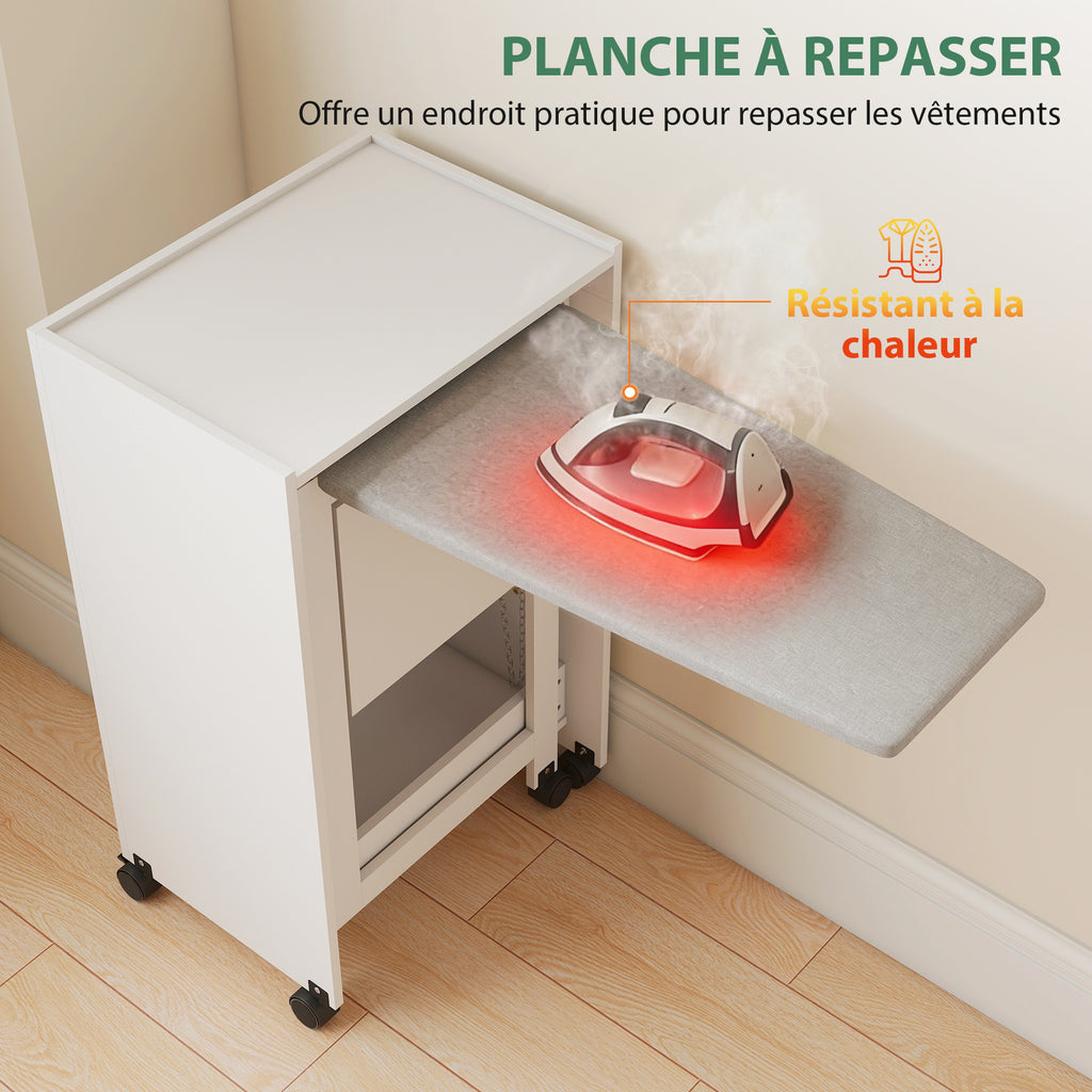 Meuble à repasser, table à repasser pliante sur roulettes avec portes par pression, charnières à fermeture douce, blanc-5