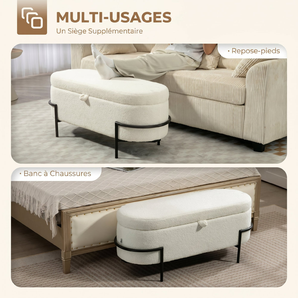 Banc de rangement, banc coffre de rangement en tissu bouclette avec couvercle relevable et pieds en acier, crème-6
