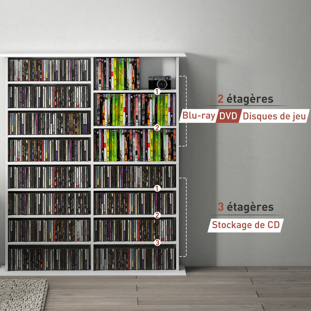 Rangements pour CD et DVD avec 16 compartiments et 12 étagères réglables, capacité max. 720 CD/396 DVD et Blu-ray, blanc-7