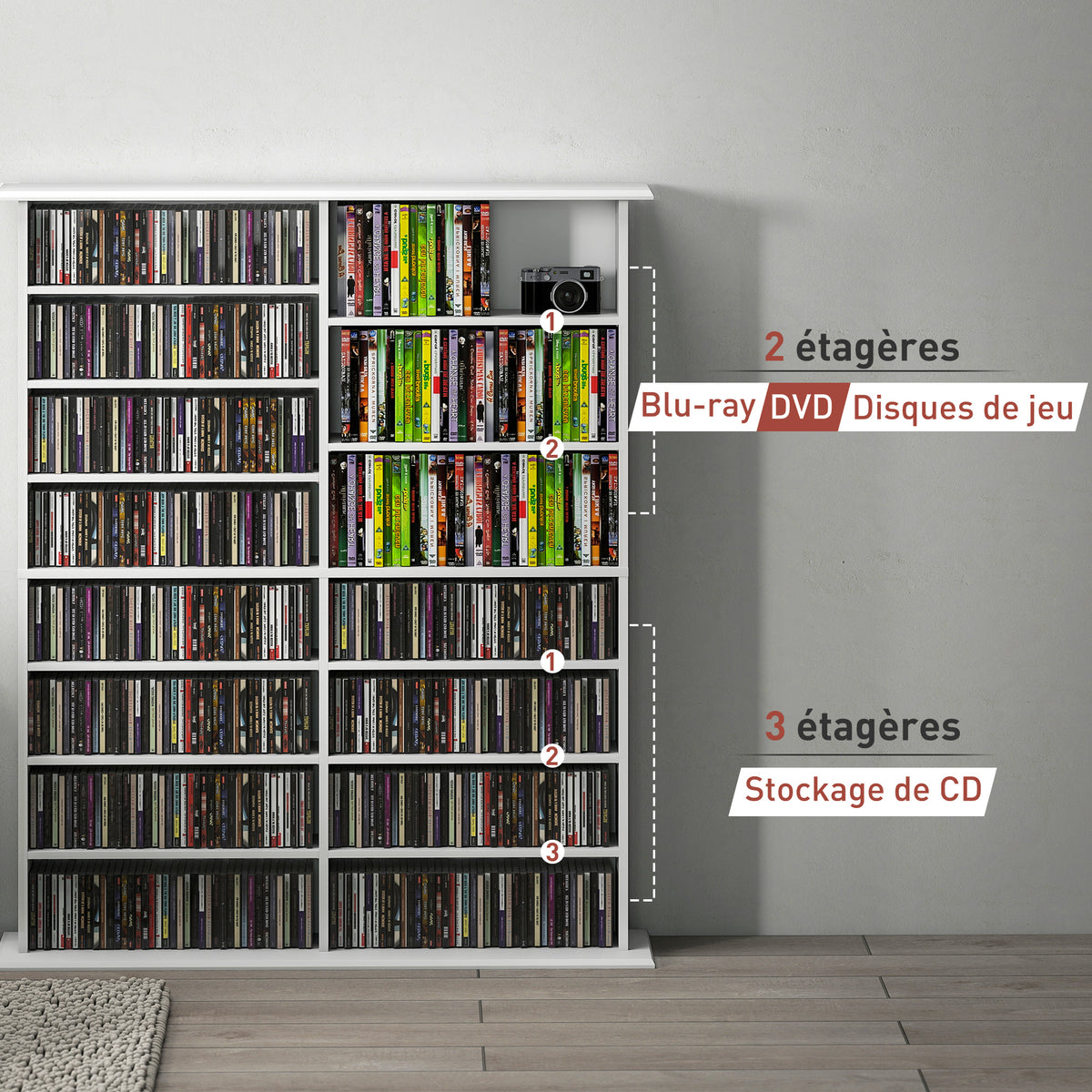 Rangements pour CD et DVD avec 16 compartiments et 12 étagères réglables, capacité max. 720 CD/396 DVD et Blu-ray, blanc-7