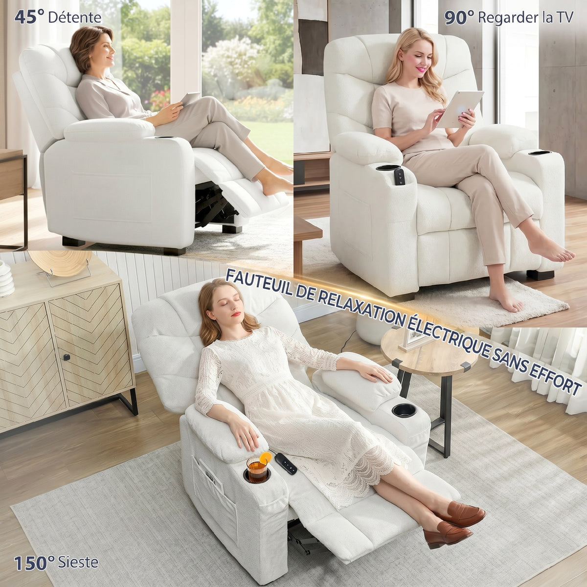 Fauteuil relax électrique, fauteuil inclinable, port USB, repose-pieds, porte-gobelets, 94 x 90 x 105 cm, crème-3