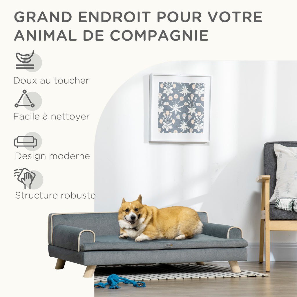 Canapé pour chien chat design scandinave coussin moelleux amovible pieds bois massif 100 x 62 x 32 cm gris-6
