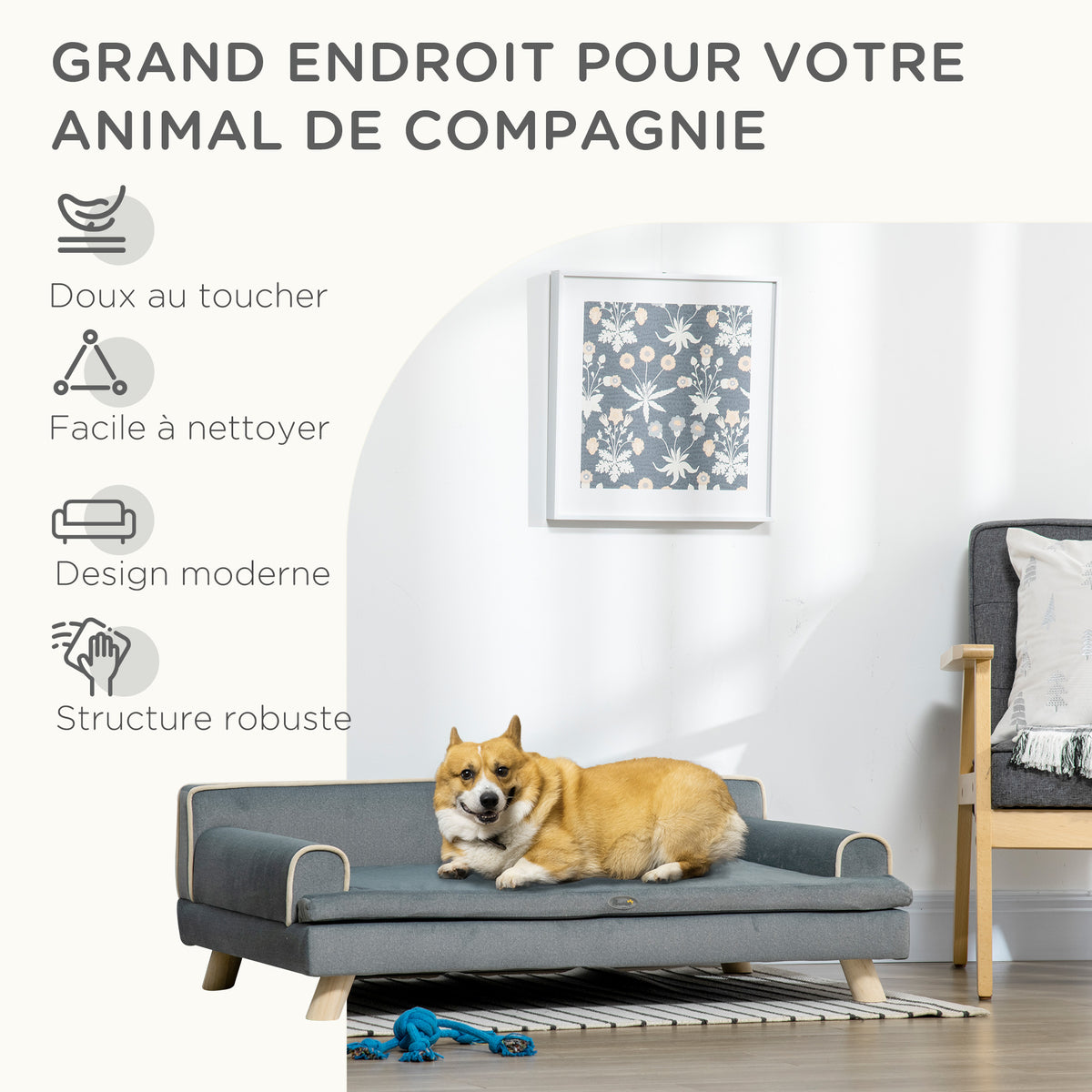 Canapé pour chien chat design scandinave coussin moelleux amovible pieds bois massif 100 x 62 x 32 cm gris-6