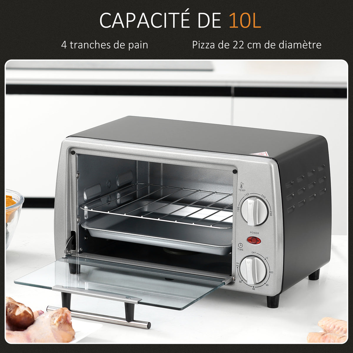 Mini four électrique 10L 1 grille et 1 plateau, température réglable de 100°C à 230°C, Minuteur 60 min, 36,5x26x22 cm-3