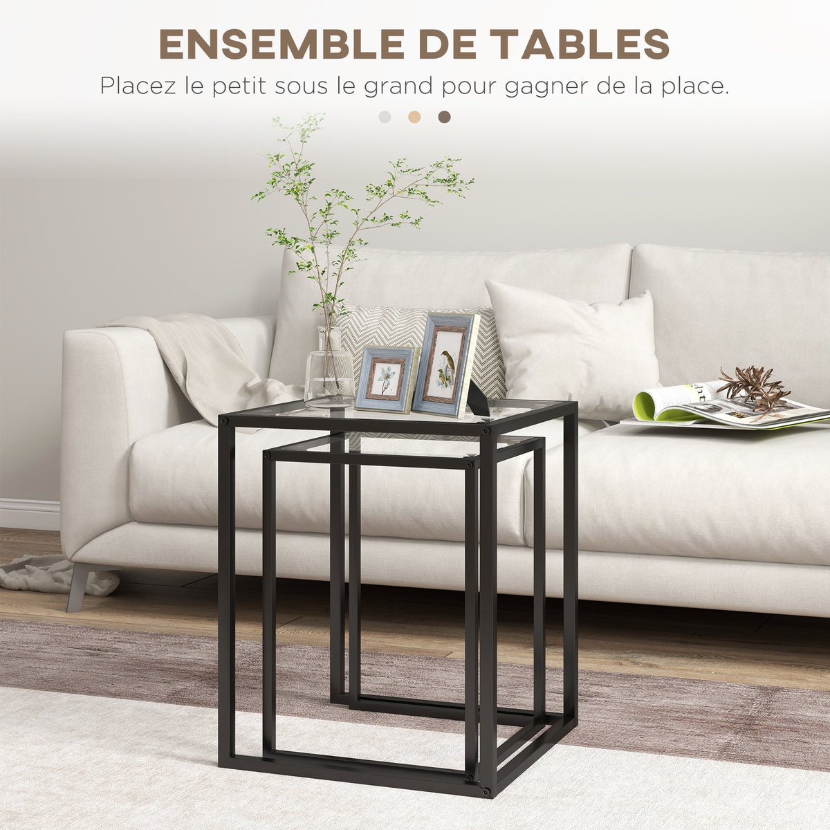 Lot de 2 tables basse gigogne, tables d'appoint empilable, plateau verre trempé cadre acier, patins antidérapants, noir-3