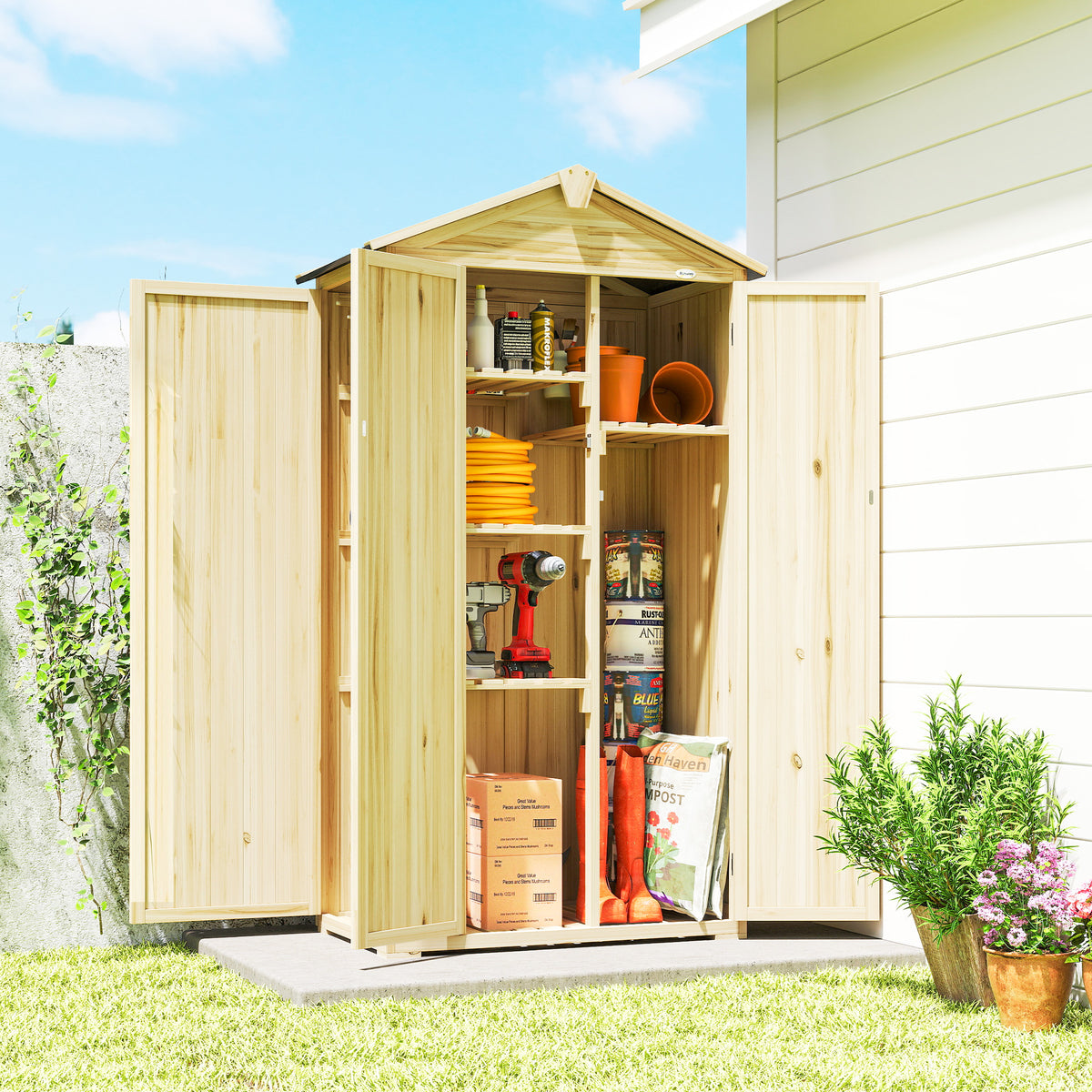 Armoire de Jardin Extérieur en Bois 3 Portes, 4 Étagères, Toit à Pignon, Compartiment, 93x53x168cm, Naturel-1