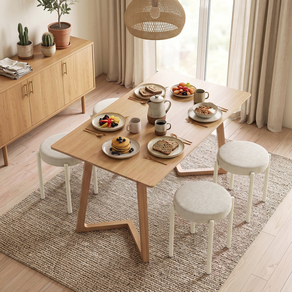 Lot de 4 Tabourets Empilables Ronds avec Assise Rembourrée, sans Dossier, Gain de Place, 45 x 45 x 47,5 cm, Crème-1