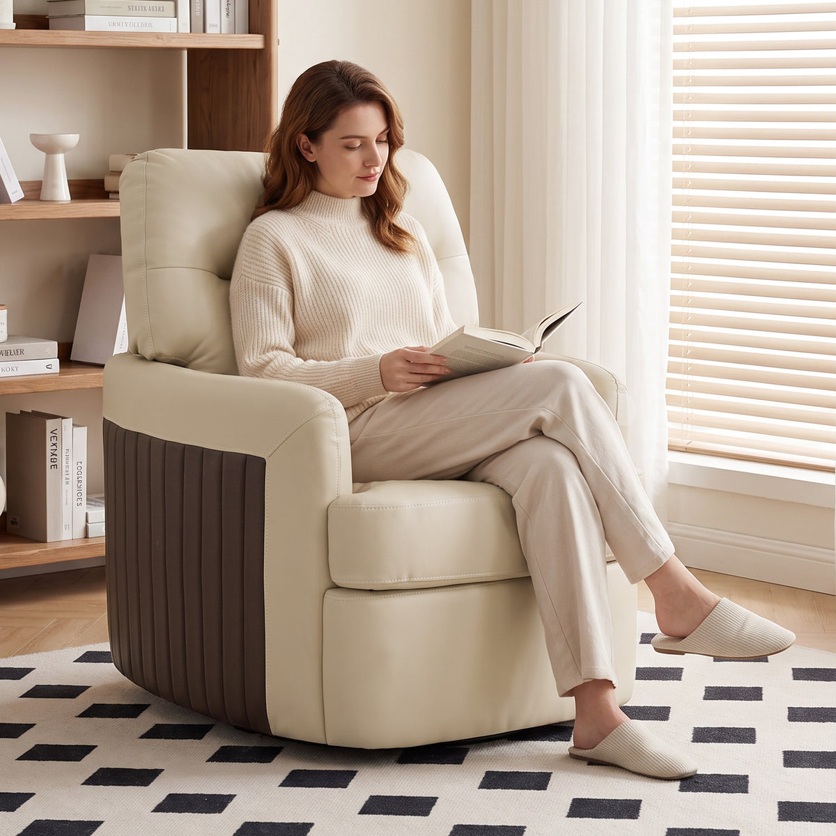 Fauteuil de Salon Pivotant à 360°, Fauteuil Lounge en PU avec Assise Large, Accoudoirs Incurvés, Crème-8