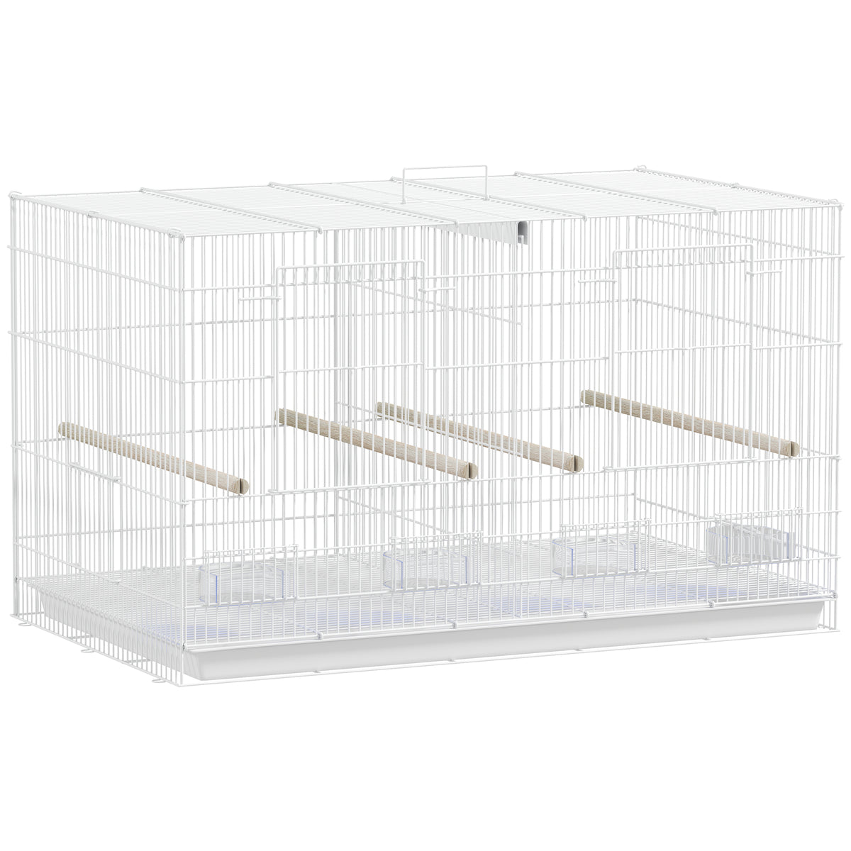 Cage à Oiseaux Volière Intérieur Acier avec Séparateur, 4 Perchoirs, Plateau Coulissant, 4 Mangeoires, 76x46x46cm, Blanc-0