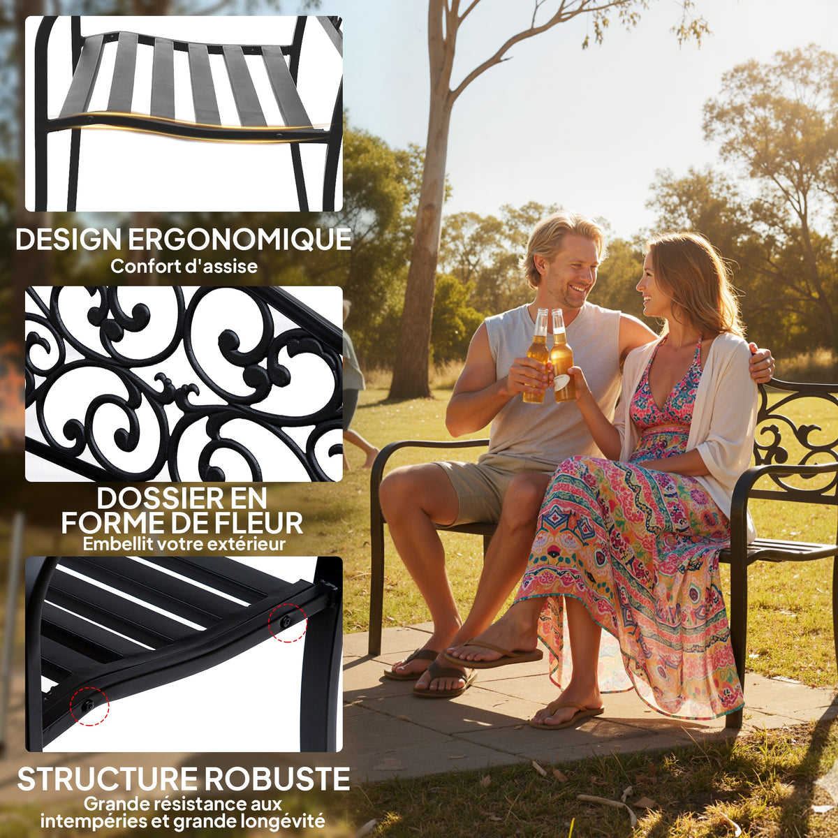 Banc de jardin 3 places terrasse Style Cosy Chic 127L x 60l x 85H cm métal époxy anticorrosion Noir-4