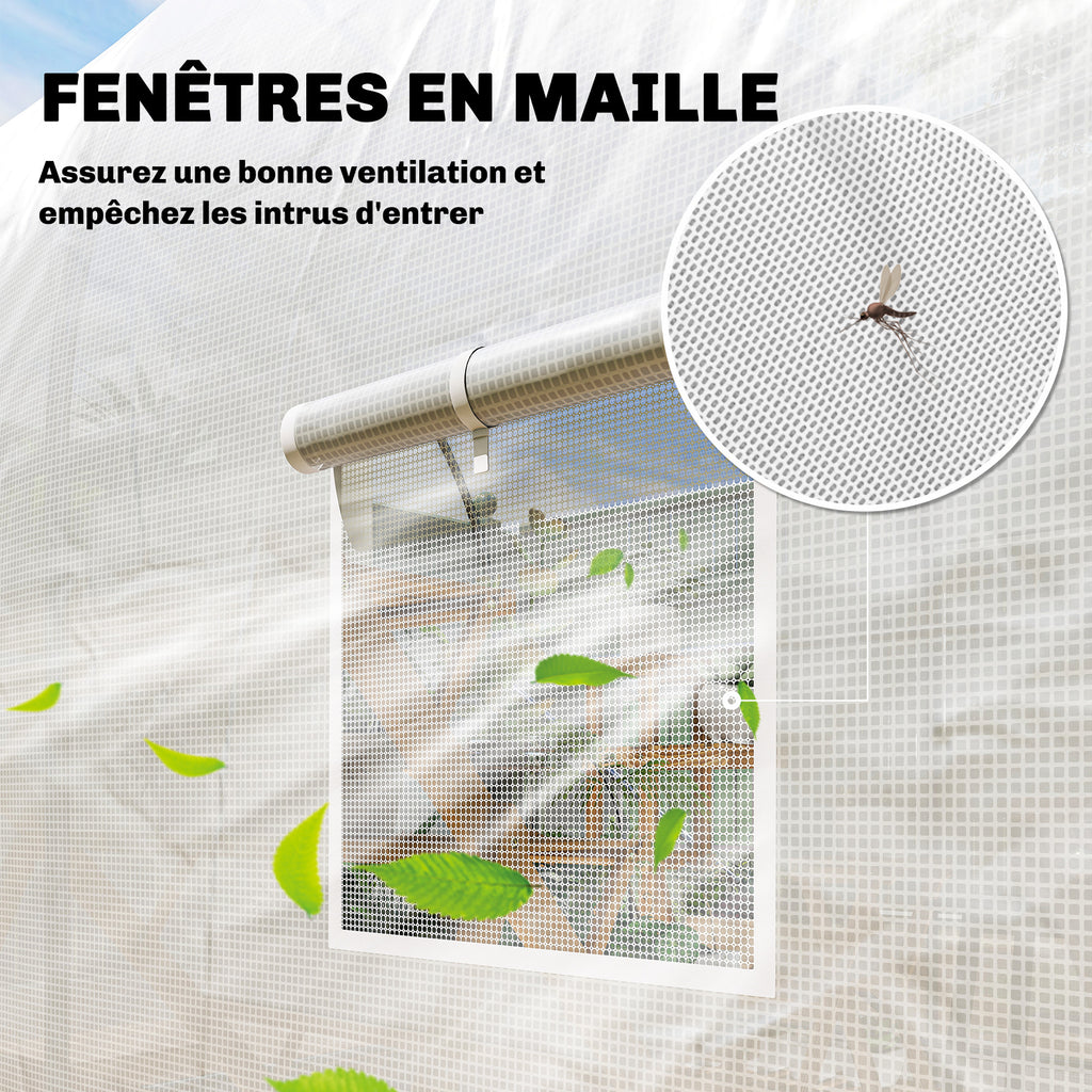 Serre tunnel de jardin 7m², serre de jardin tunnel avec porte et 6 fenêtres, bâche PE 140 g/m² 350 x 200 x 200 cm blanc-4